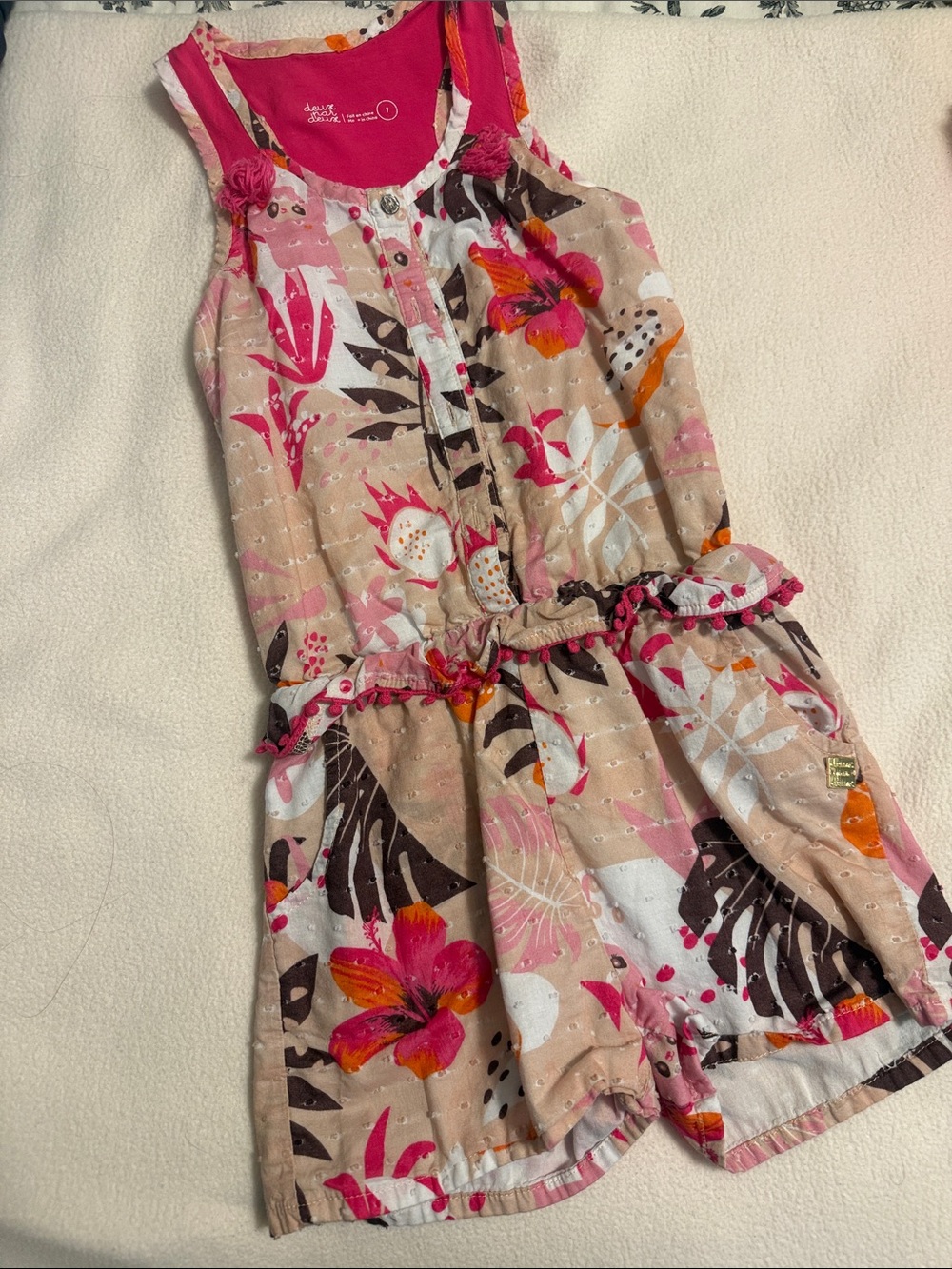 Girls Pink & Beige Tropical Floral Sleeveless Romper